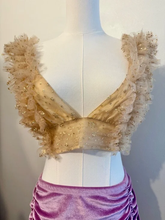 Free People Gold Sequin Ruffle Crop Halter Top - Picture 1 of 3